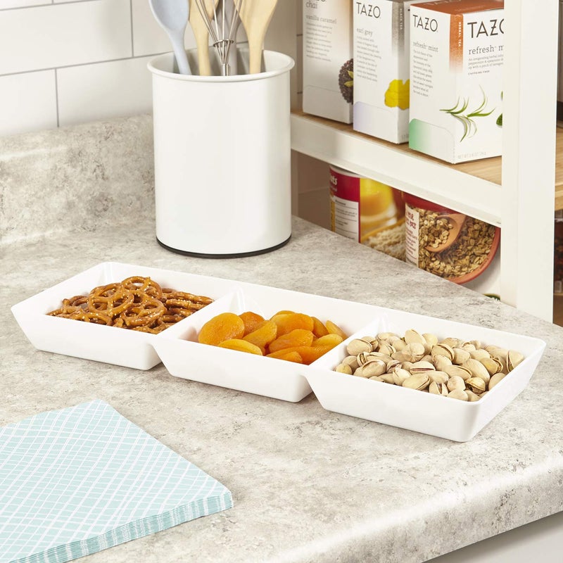US Acrylic Avant White Plastic Divided Serving Trays (Set of 4) 15â€ x 5â€ | Narrow Reusable 3-Section Party Platters | Serve Appetizers, Fruit, Veggies, & Desserts | BPA-Free & Made in USA - Image 3